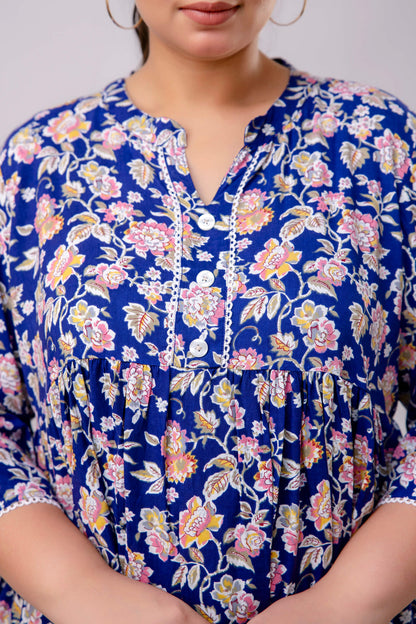 Plus Size Blue Floral Rayon Short Kurti Tunic with Handbag – Everyday Big Size Outfit by Curvisha