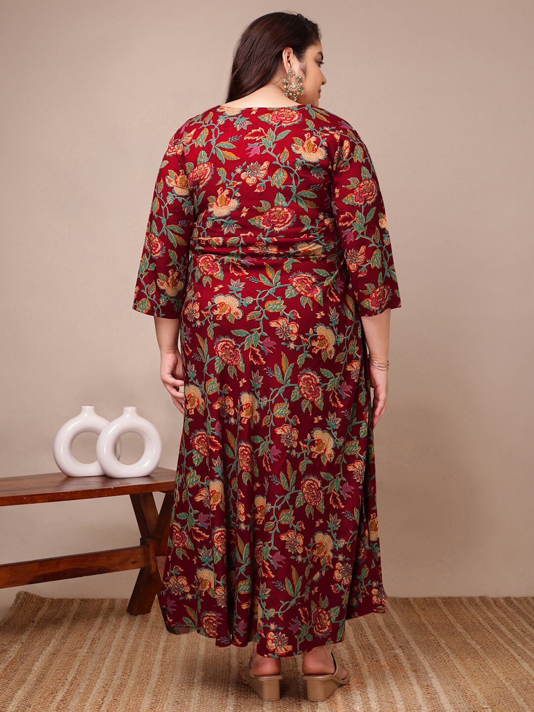 Back view of maroon floral rayon gown dress for full figure plus size