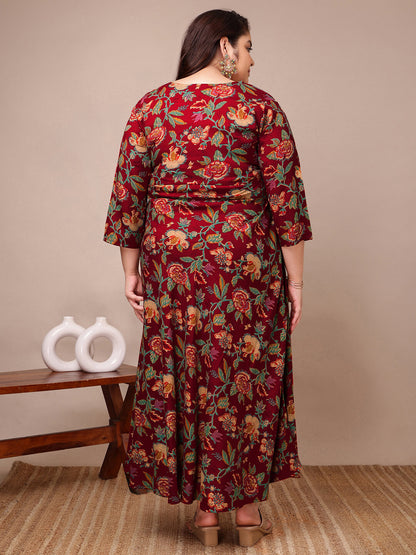Back view of maroon floral rayon gown dress for full figure plus size