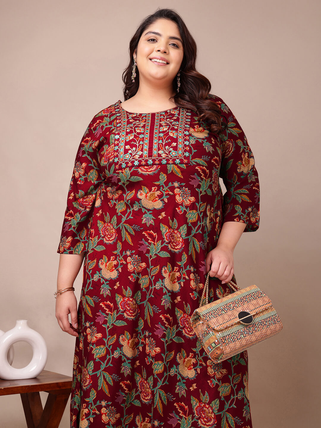 Maroon embroidered rayon gown dress for curvy women 3XL to 9XL