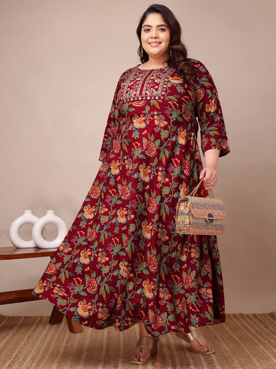 Plus size maroon floral embroidered rayon gown dress front twirl view