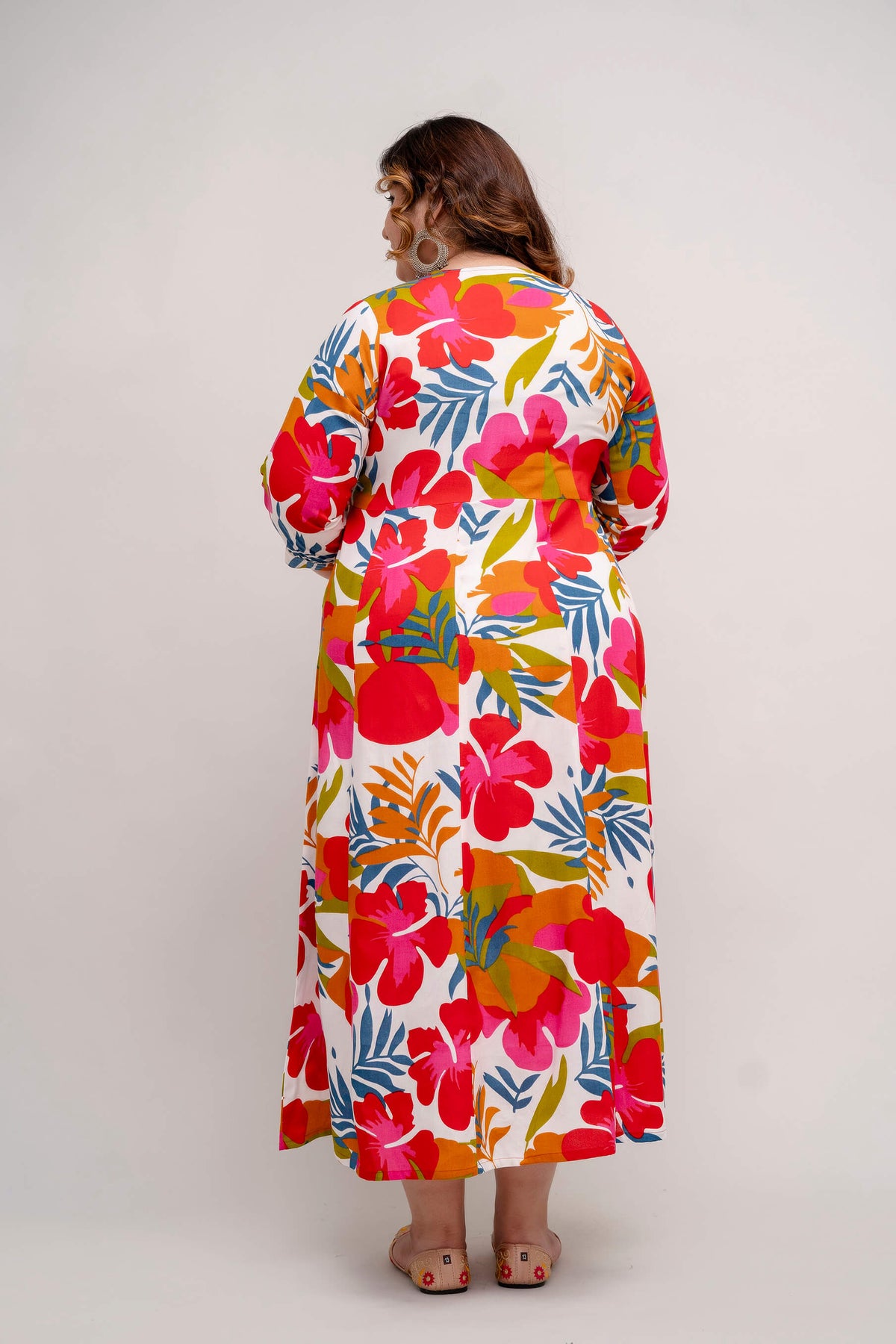 Back view of multicolor floral plus size rayon gown, comfortable gathered dress for curvy women 3XL to 10XL