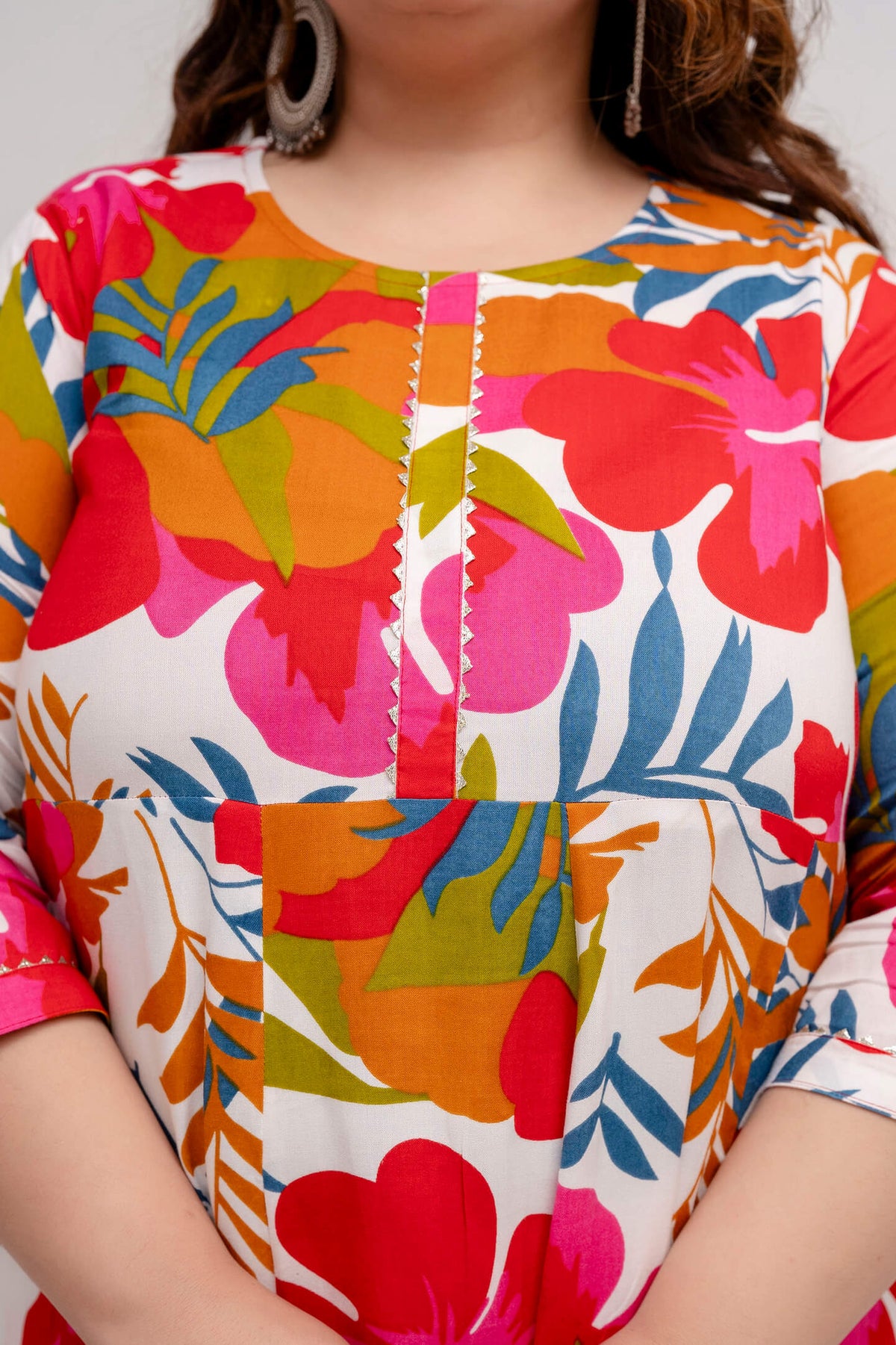 Printed neckline detail of multicolor floral rayon gown, soft and lightweight plus size clothing for curvy women