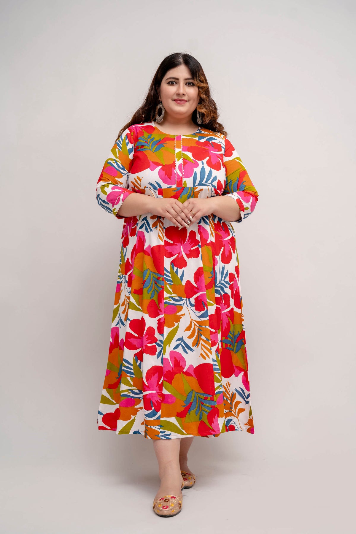 Plus size multicolor floral rayon gown for curvy women, bright printed gathered dress in big size clothing for fat women