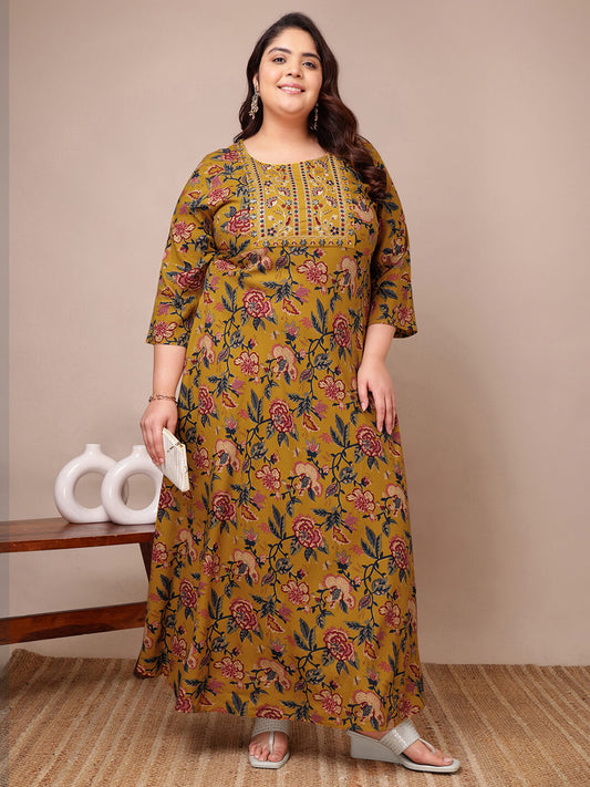 Plus size mustard floral embroidered rayon gown for curvy women 3XL to 9XL