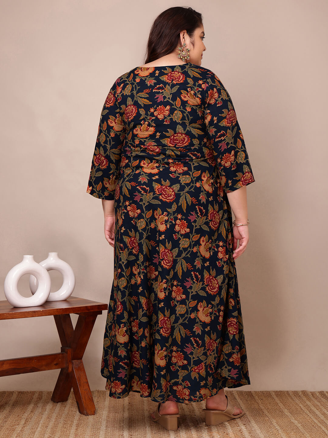Plus size navy floral rayon embroidered gown back view for curvy women