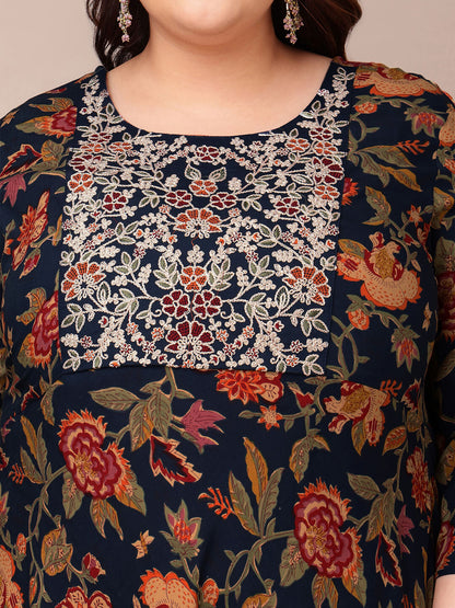Close up embroidered yoke of navy gown for plus size fat women