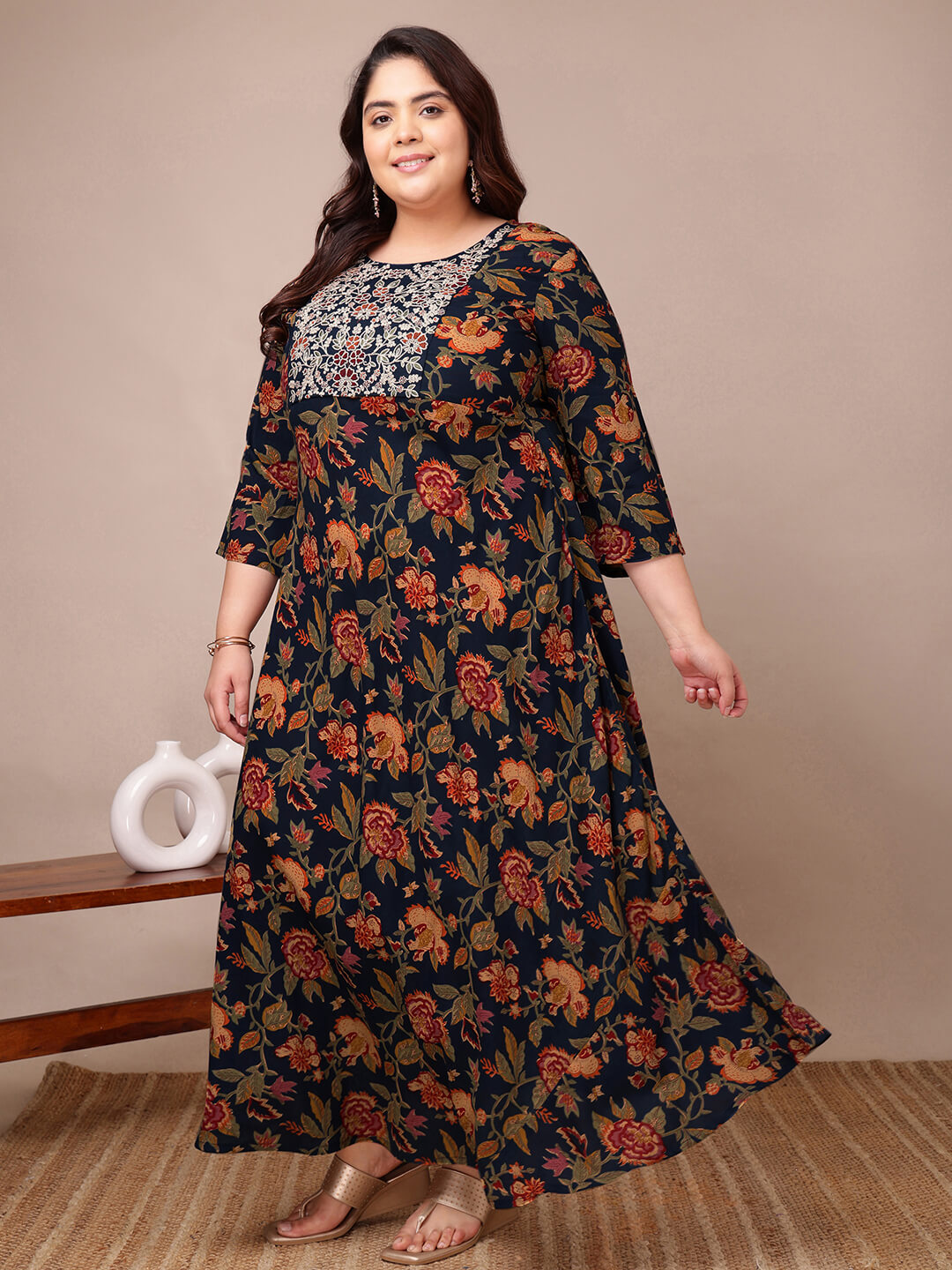 Plus size embroidered navy gown for fat women designed for full figure comfort