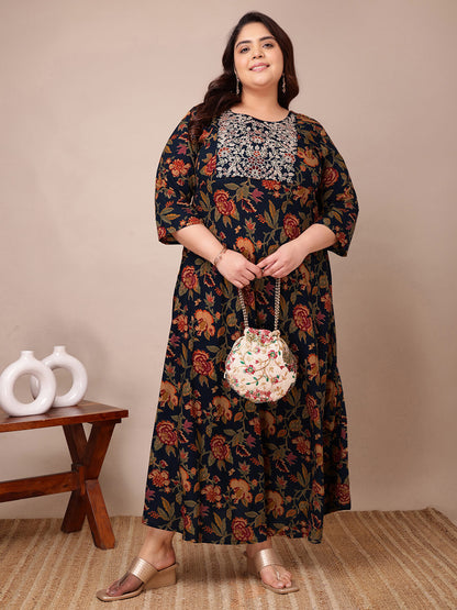 Plus size navy embroidered gown soft rayon big size clothing 3XL to 9XL