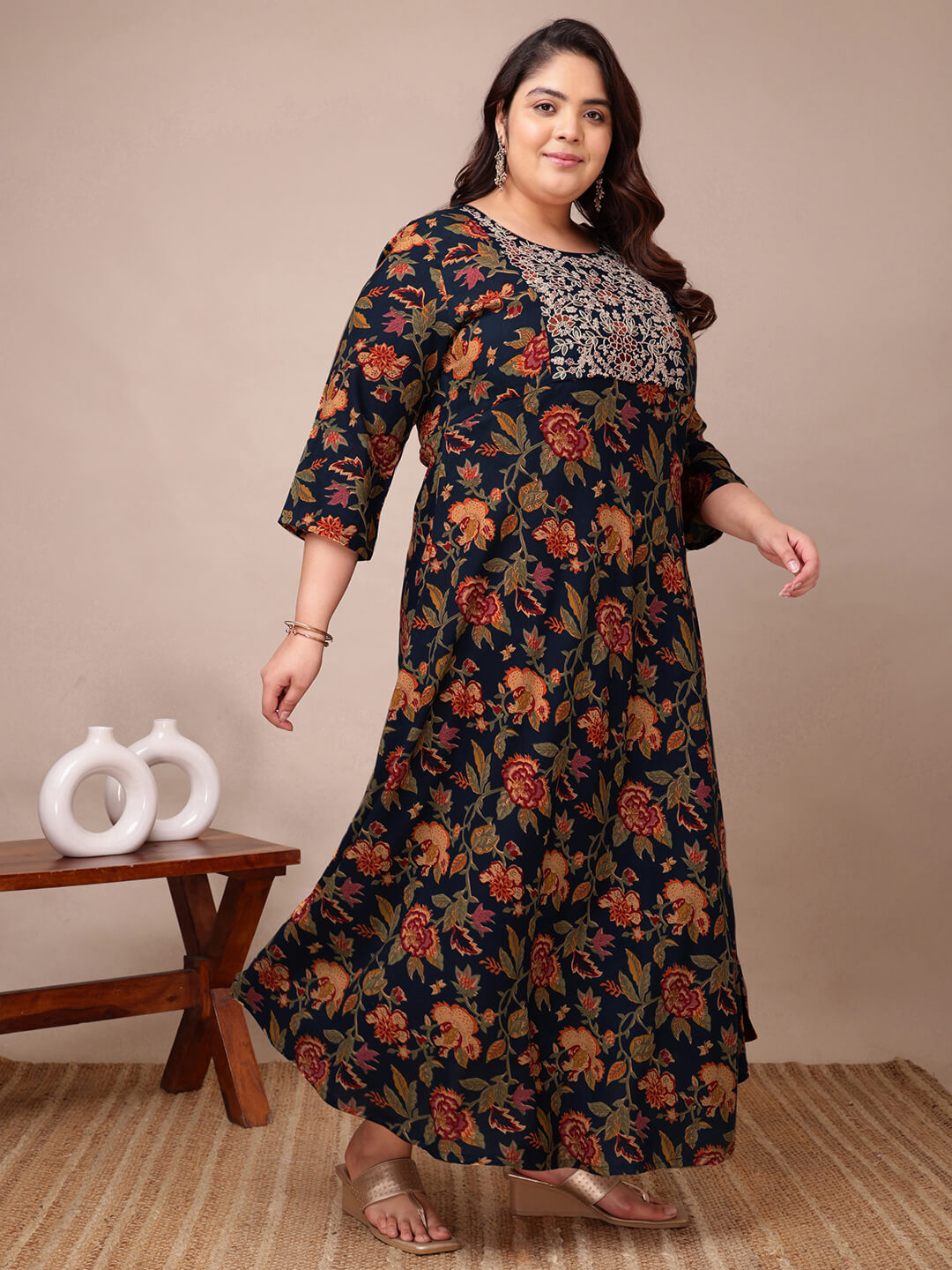 Flowy gathered rayon navy floral gown for curvy women