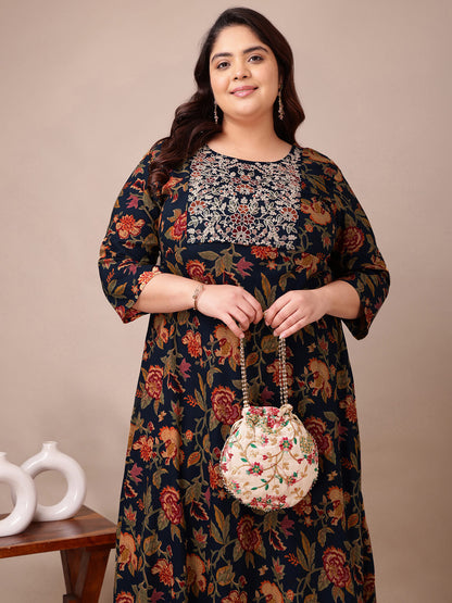 Navy floral rayon embroidered gown styled for curvy fashion