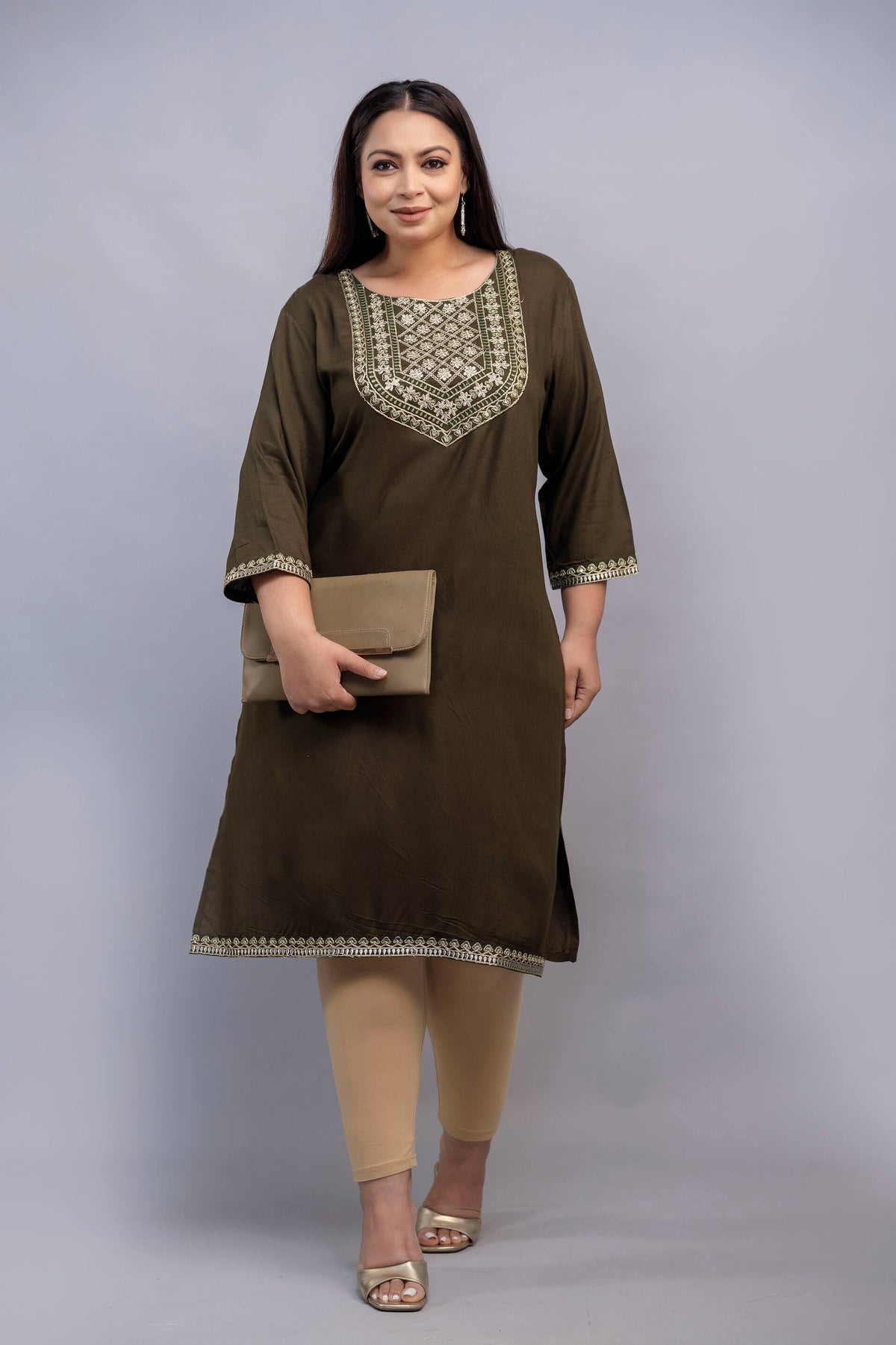 Olive rayon embroidered kurti styled with clutch; elegant plus size big size kurti for fat women by Curvisha