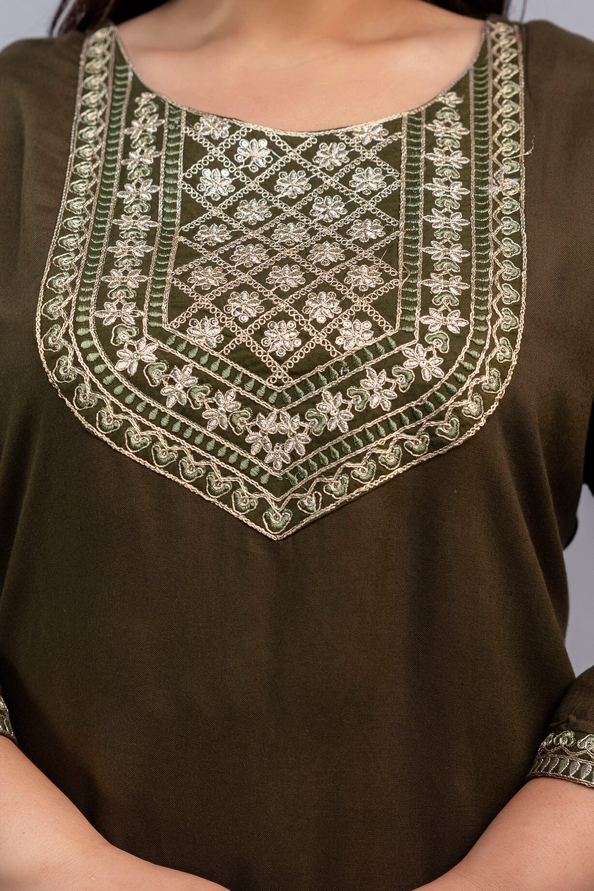 Close-up of ornate yoke on olive rayon kurti; festive plus size detail for big size/fat women clothing
