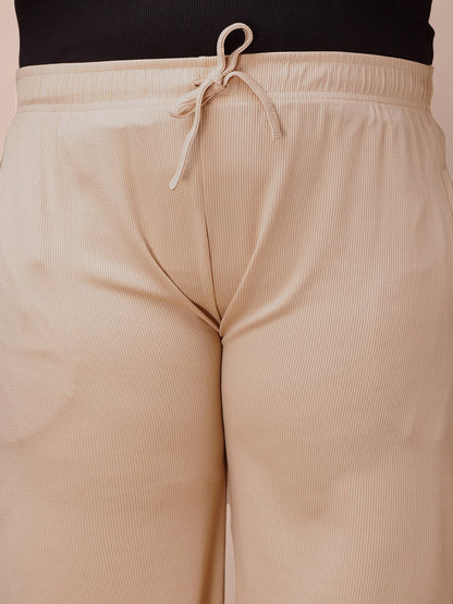 Drawstring waistband close-up of beige ribbed pants for big size comfort and fat women clothing – Curvisha