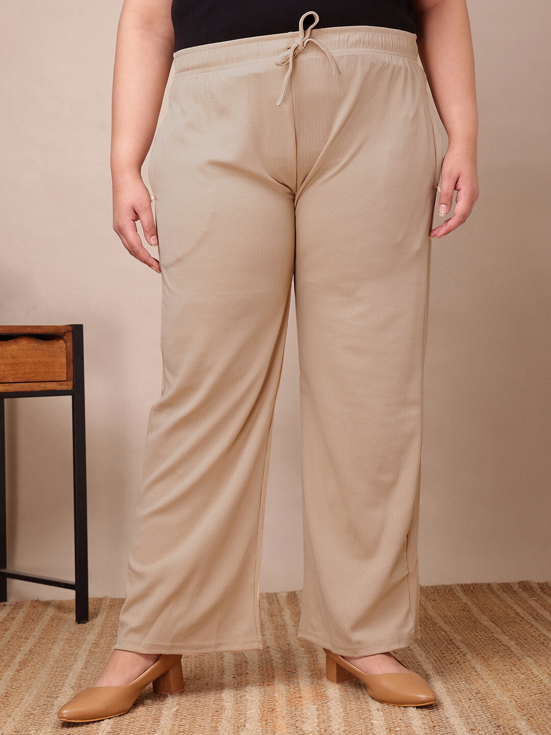Plus size beige ribbed wide-leg lounge pants for curvy women, elastic waist and comfy fit – Curvisha 3XL–8XL