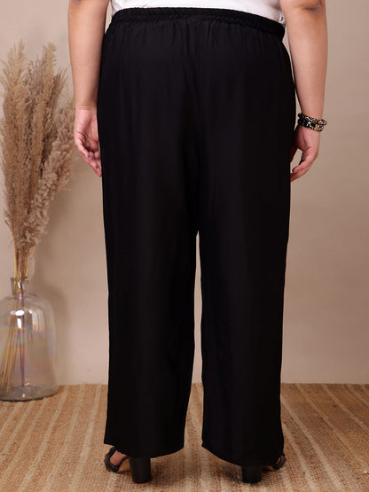 Back view of black rayon palazzo pants for curvy women, relaxed fit – Curvisha