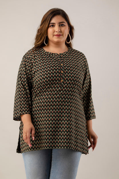 Plus Size Black Printed Rayon Short Kurti for Women – Front View