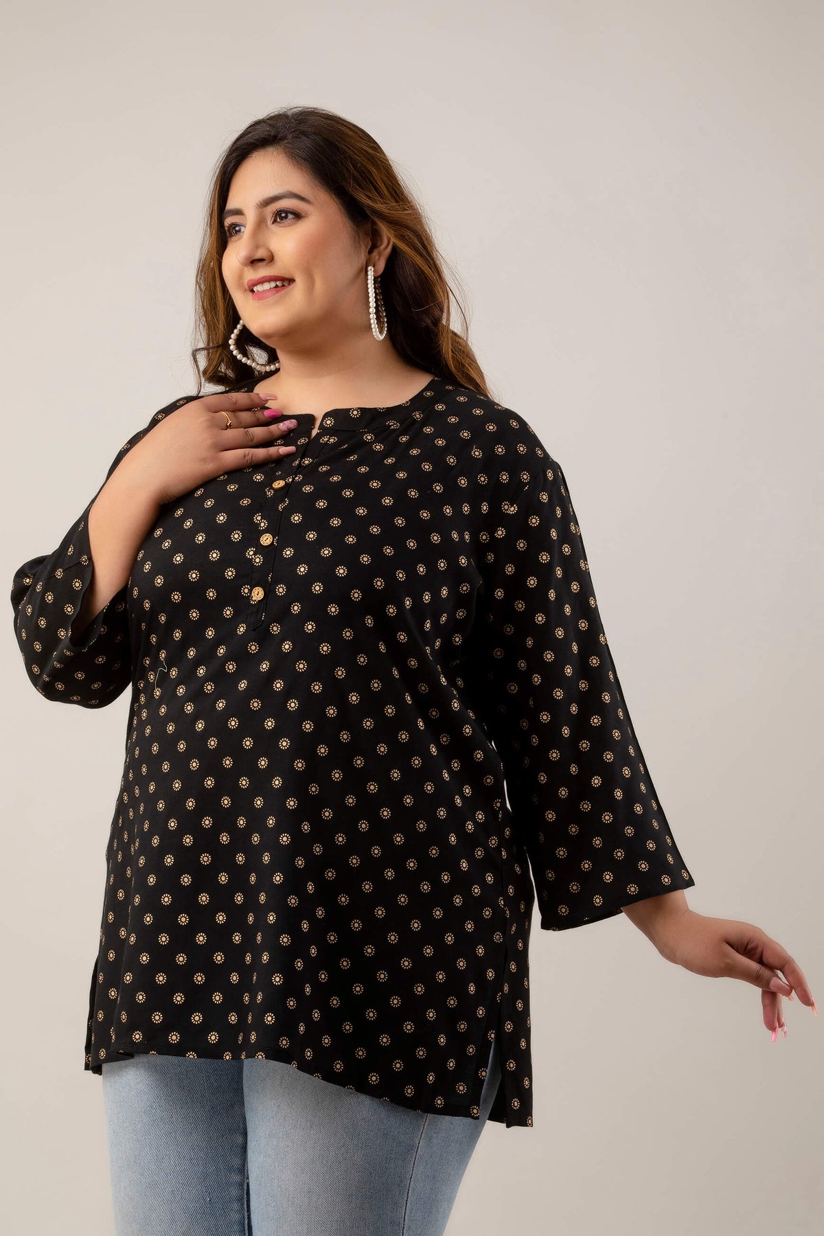 Plus Size Rayon Tunic with Gold Polka Print for Women