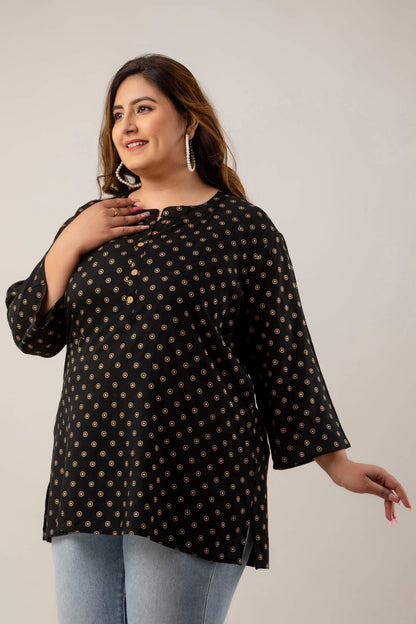 Plus Size Rayon Tunic with Gold Polka Print for Women