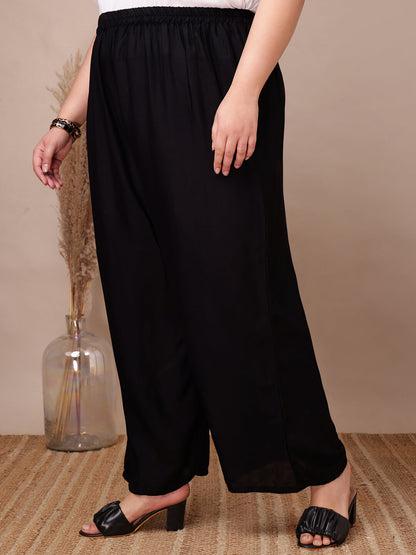 Black rayon wide-leg palazzo trousers for curvy full-figure women, soft fall – Curvisha