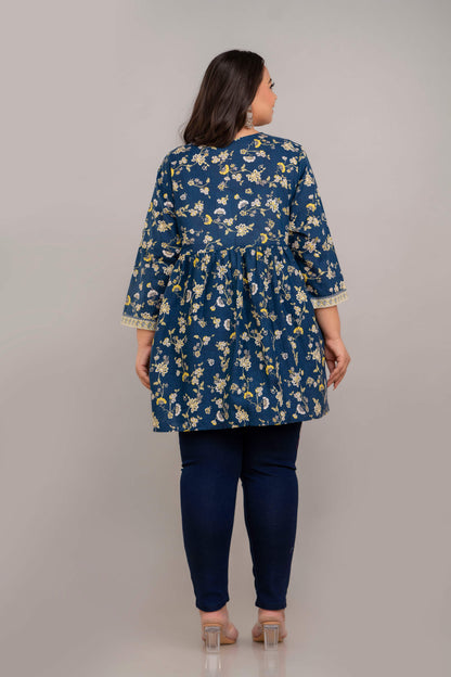 Plus Size Blue Floral Angrakha Rayon Short Kurti Tunic for Curvy and Fat Women – Back View