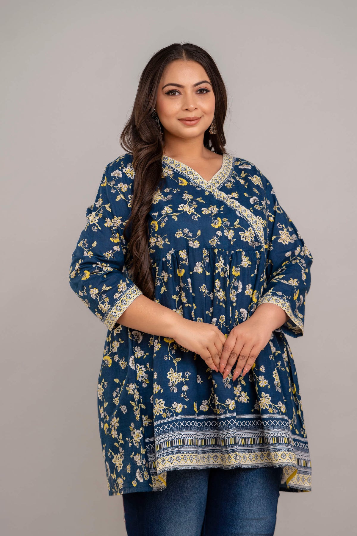 Plus Size Blue Floral Angrakha Rayon Short Kurti Tunic for Curvy and Fat Women – Front View