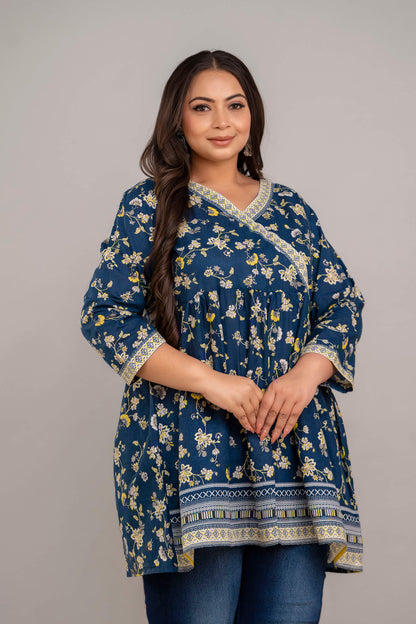 Plus Size Blue Floral Angrakha Rayon Short Kurti Tunic for Curvy and Fat Women – Front View