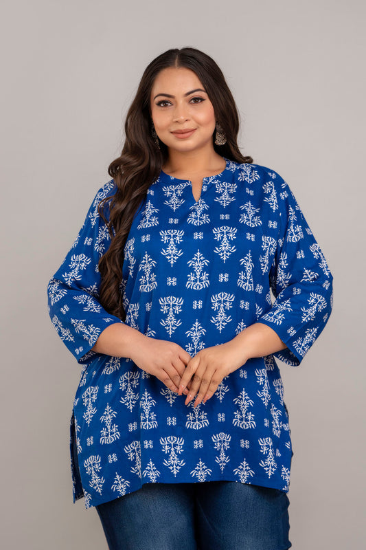 Plus Size Blue White Rayon Short Kurti Tunic for Curvy Women – Big Size Clothing 3XL–8XL by Curvisha