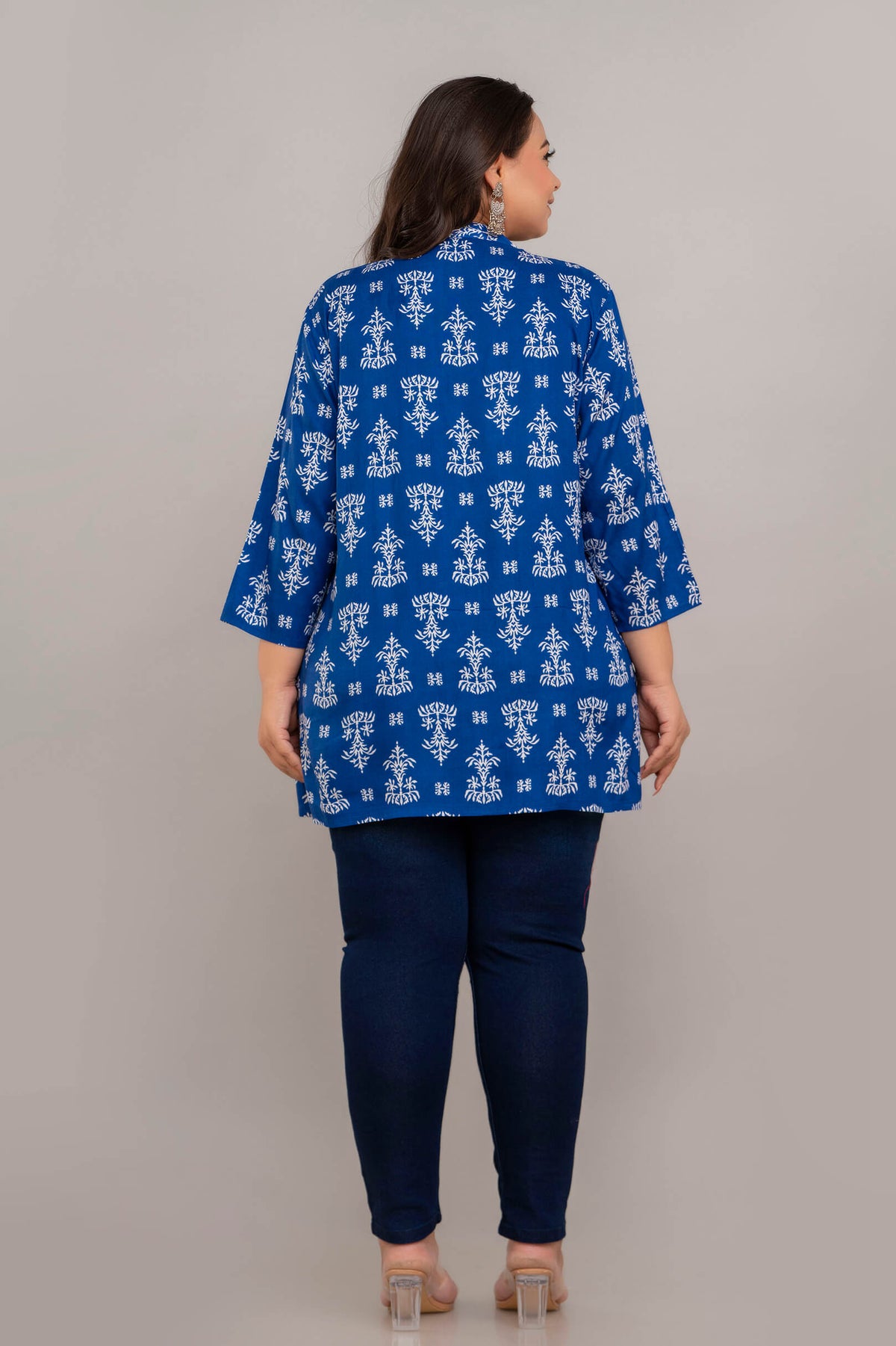 Back View of Blue White Rayon Plus Size Kurti Tunic – Comfortable Big Size Clothing for Women