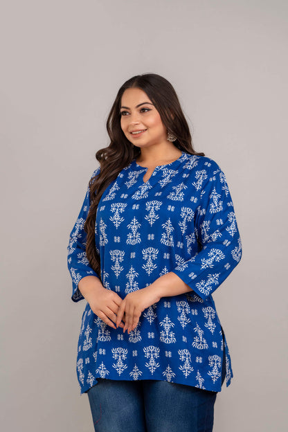 Side View of Blue White Ethnic Print Rayon Short Kurti Tunic – Plus Size Big Size Fashion by Curvisha