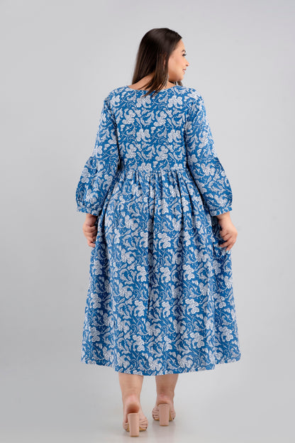 Plus Size Blue Floral Rayon Flared Dress Back View for Curvy Women 3XL–10XL