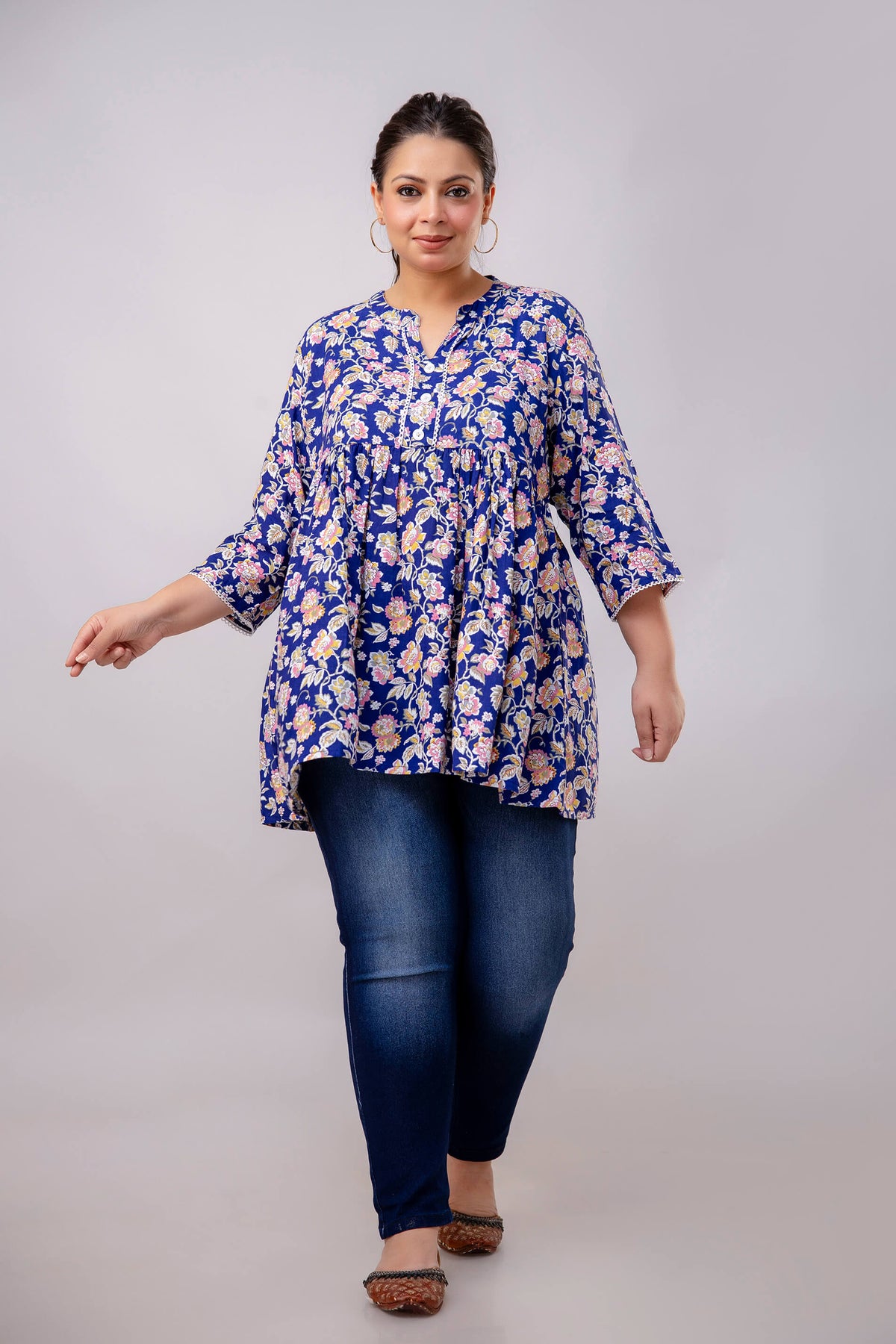 Front View of Blue Floral Rayon Short Kurti Tunic – Plus Size Big Size Clothing for Curvy Women