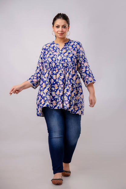 Front View of Blue Floral Rayon Short Kurti Tunic – Plus Size Big Size Clothing for Curvy Women
