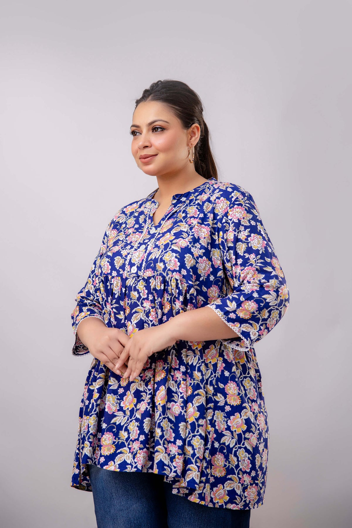 Pleated Design Closeup of Blue Floral Rayon Short Kurti Tunic for Curvy Women – Big Size Comfort
