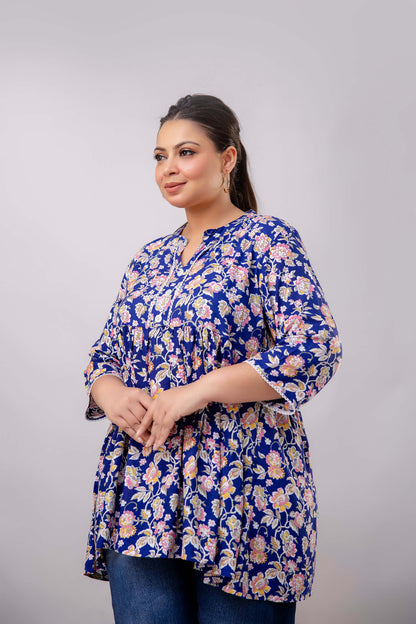 Pleated Design Closeup of Blue Floral Rayon Short Kurti Tunic for Curvy Women – Big Size Comfort