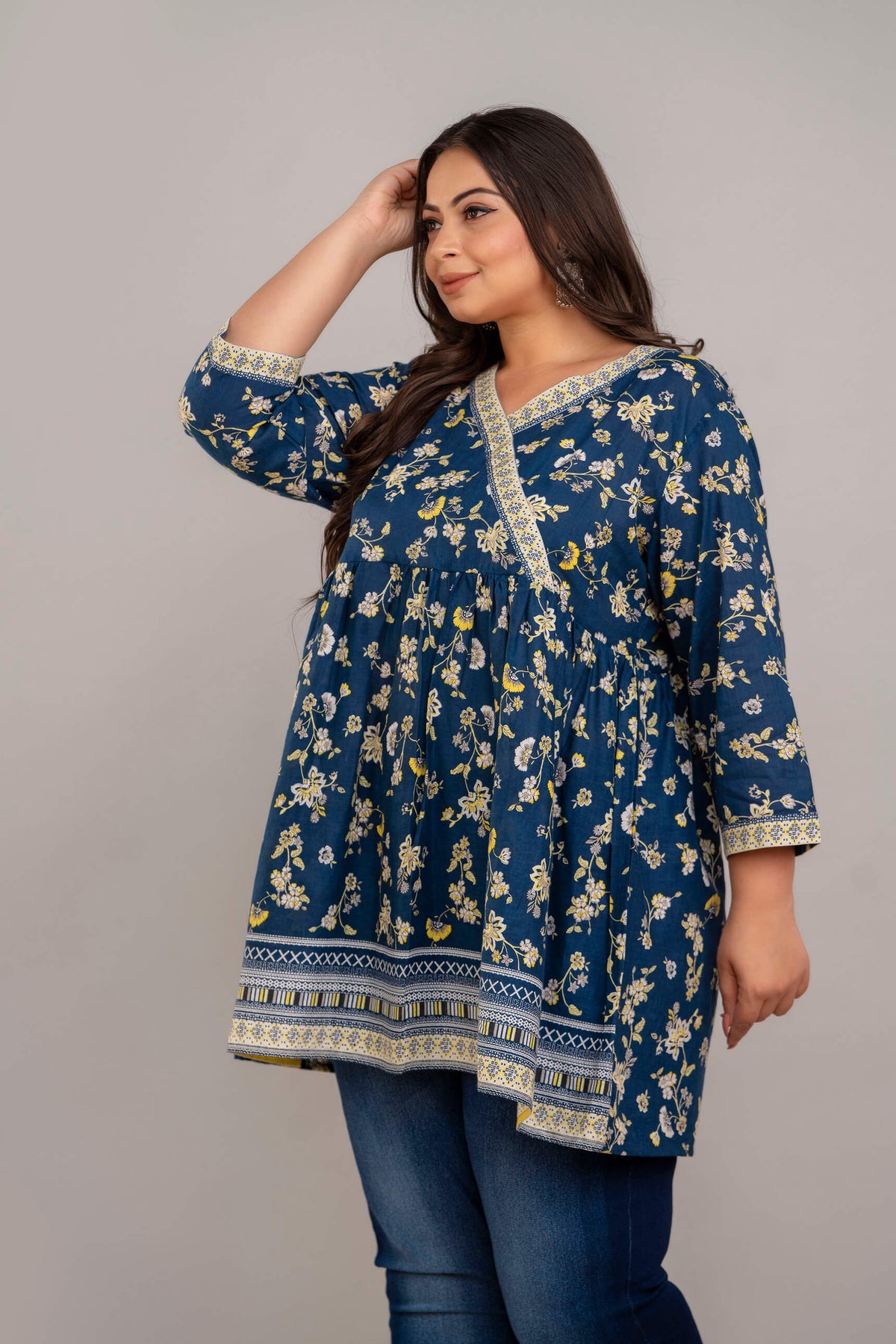 Side View of Blue Floral Rayon Short Kurti Tunic – Plus Size Fat Fashion for Women