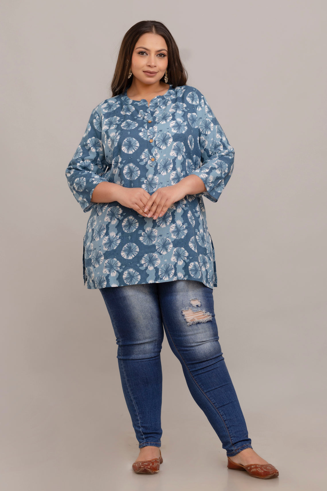 Plus Size Blue Printed Rayon Short Kurti Tunic for fat Women – Front View