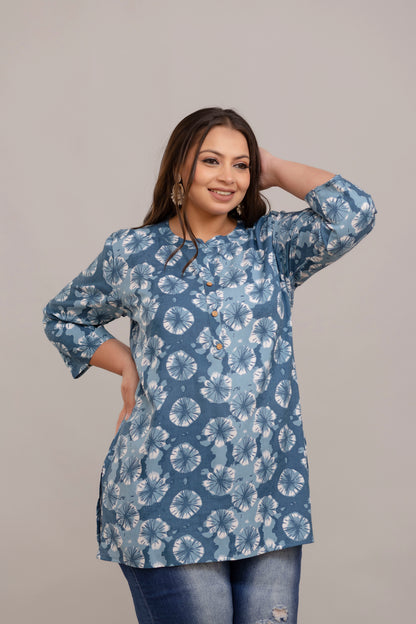 Plus Size Blue Printed Rayon Short Kurti Tunic for Women – Side View
