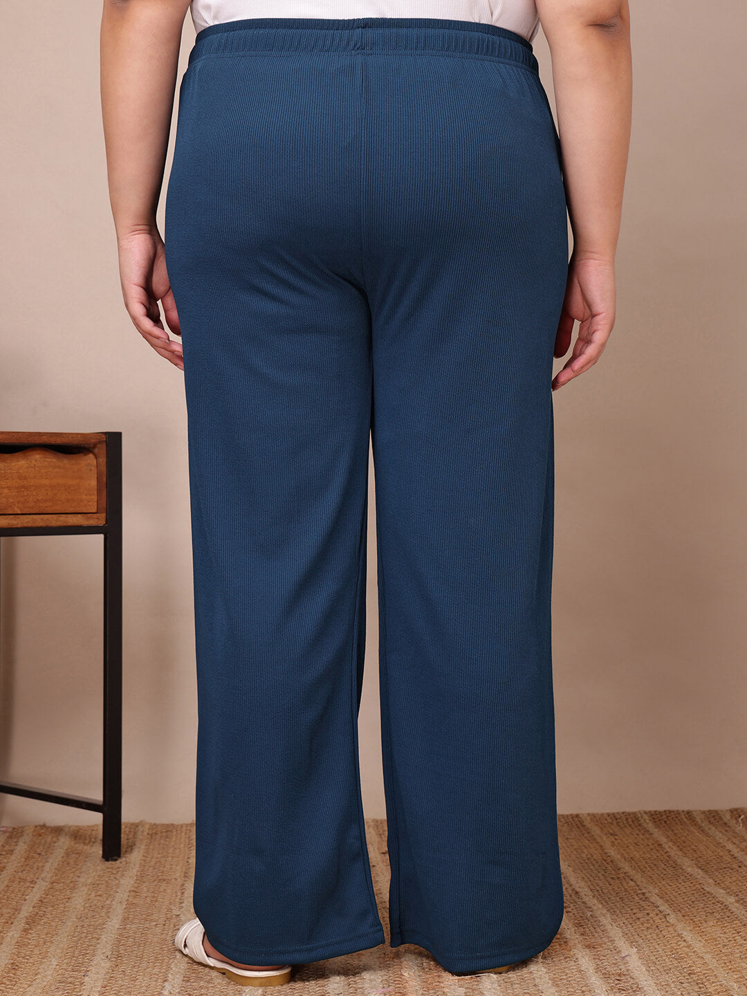 Back view of blue ribbed wide-leg lounge pants for curvy women, relaxed silhouette – Curvisha