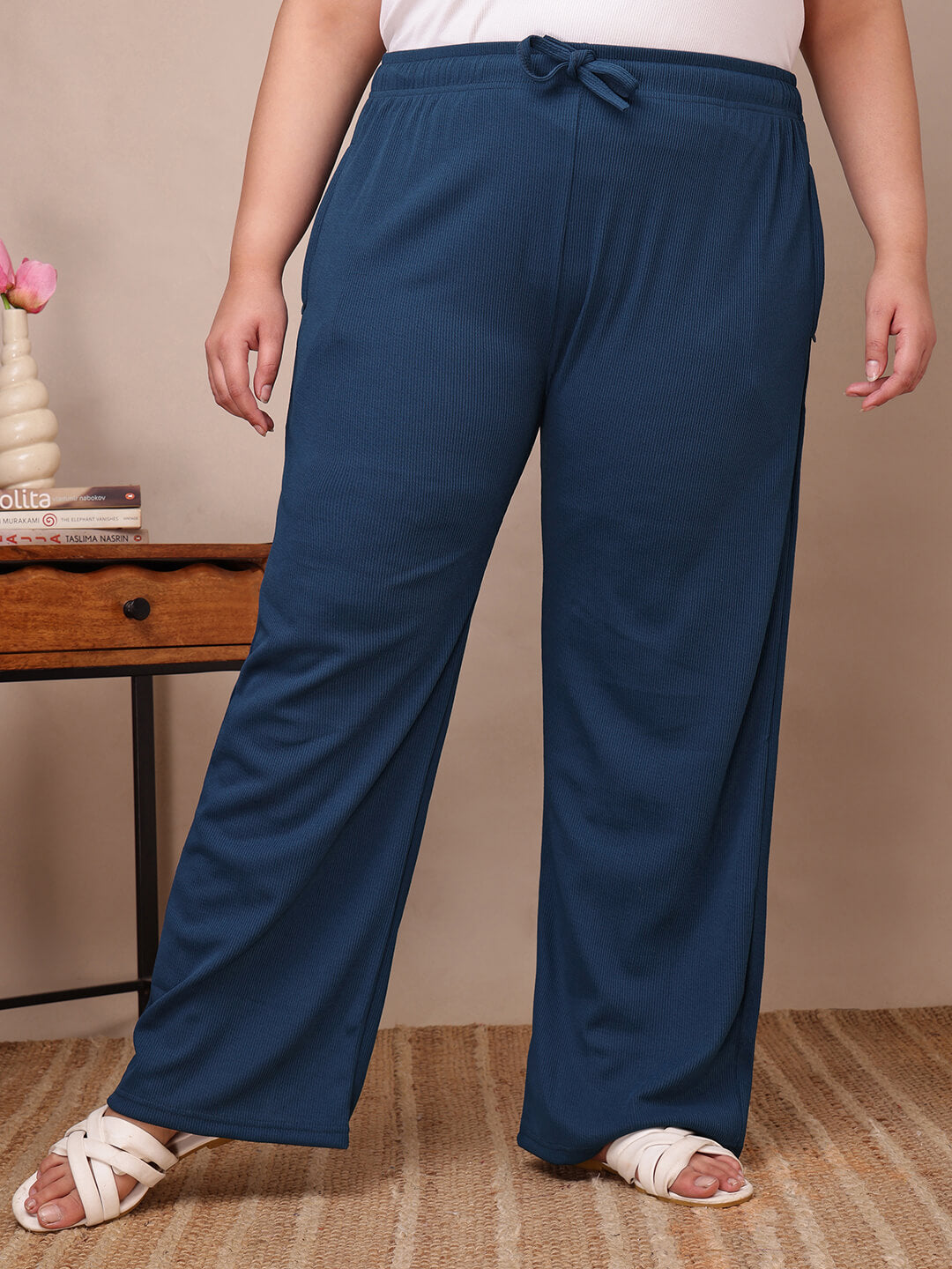 Front view of plus size blue ribbed lounge pants with drawstring waist and wide-leg fit – Curvisha big size