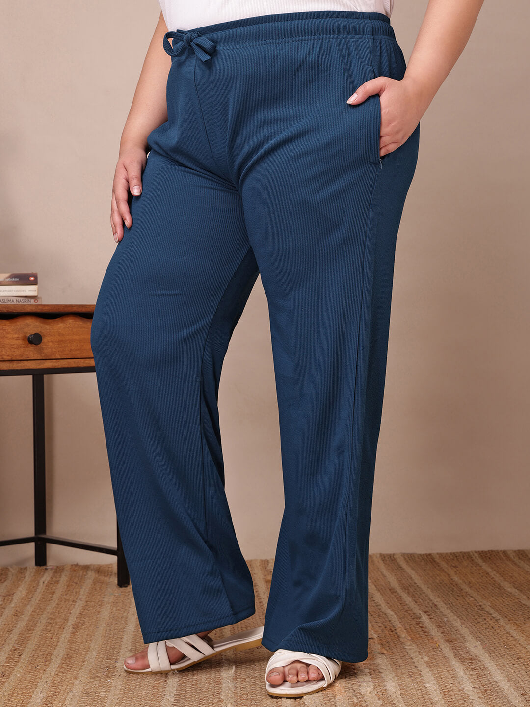 Drawstring waistband close-up of blue ribbed pants for big size comfort and casual wear – Curvisha