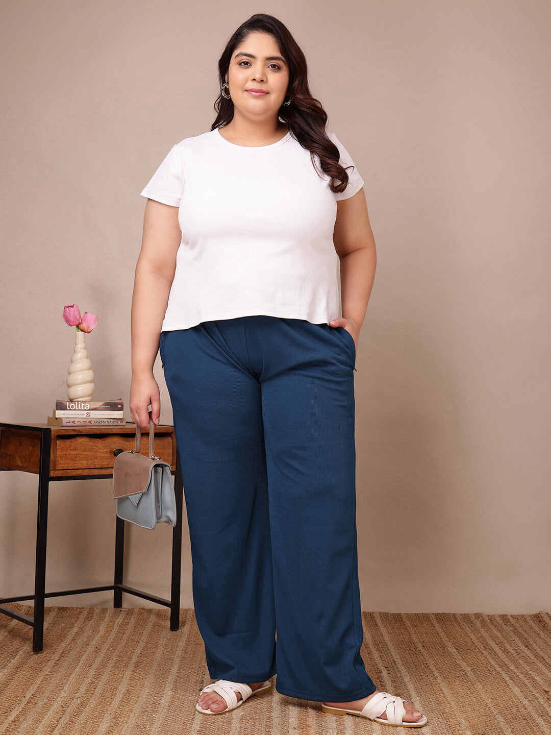 Blue ribbed wide-leg trousers for curvy full-figure women, soft drape and stretch comfort – Curvisha