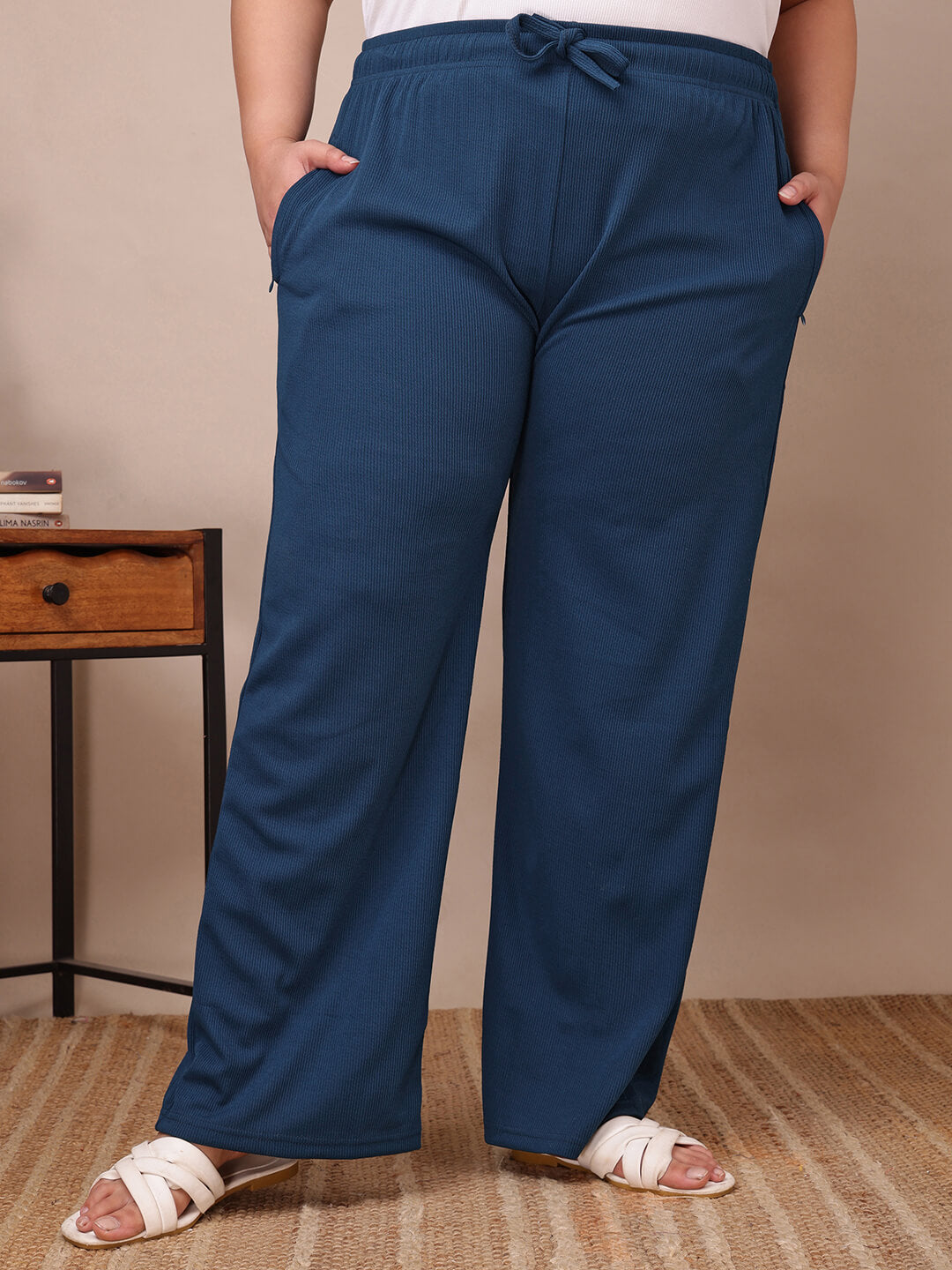 Plus size blue ribbed wide-leg pants for curvy women, elastic waist comfort and relaxed fit – Curvisha