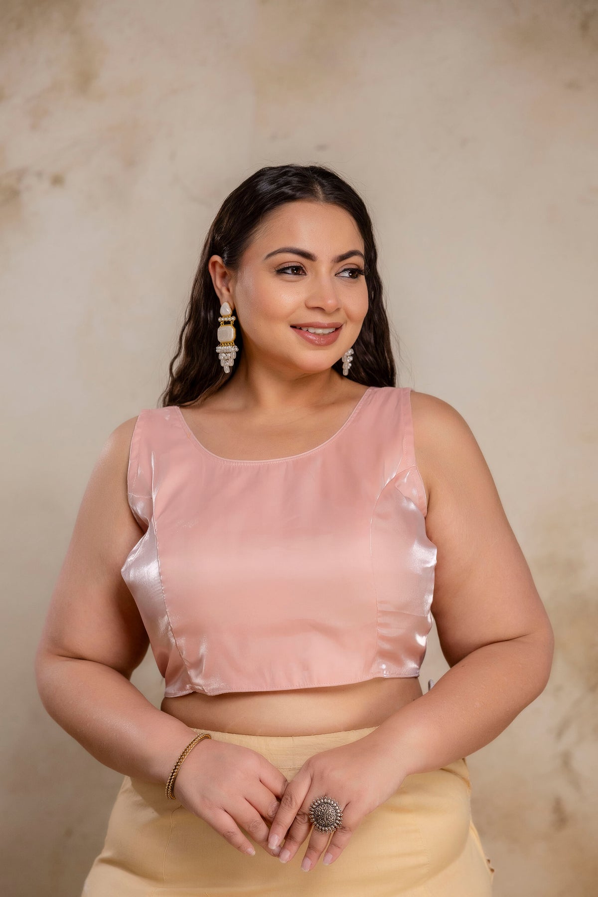 Plus size blush pink Jimmy Choo blouse for fat women, front view blouse with sleeve fabric provided for curvy women
