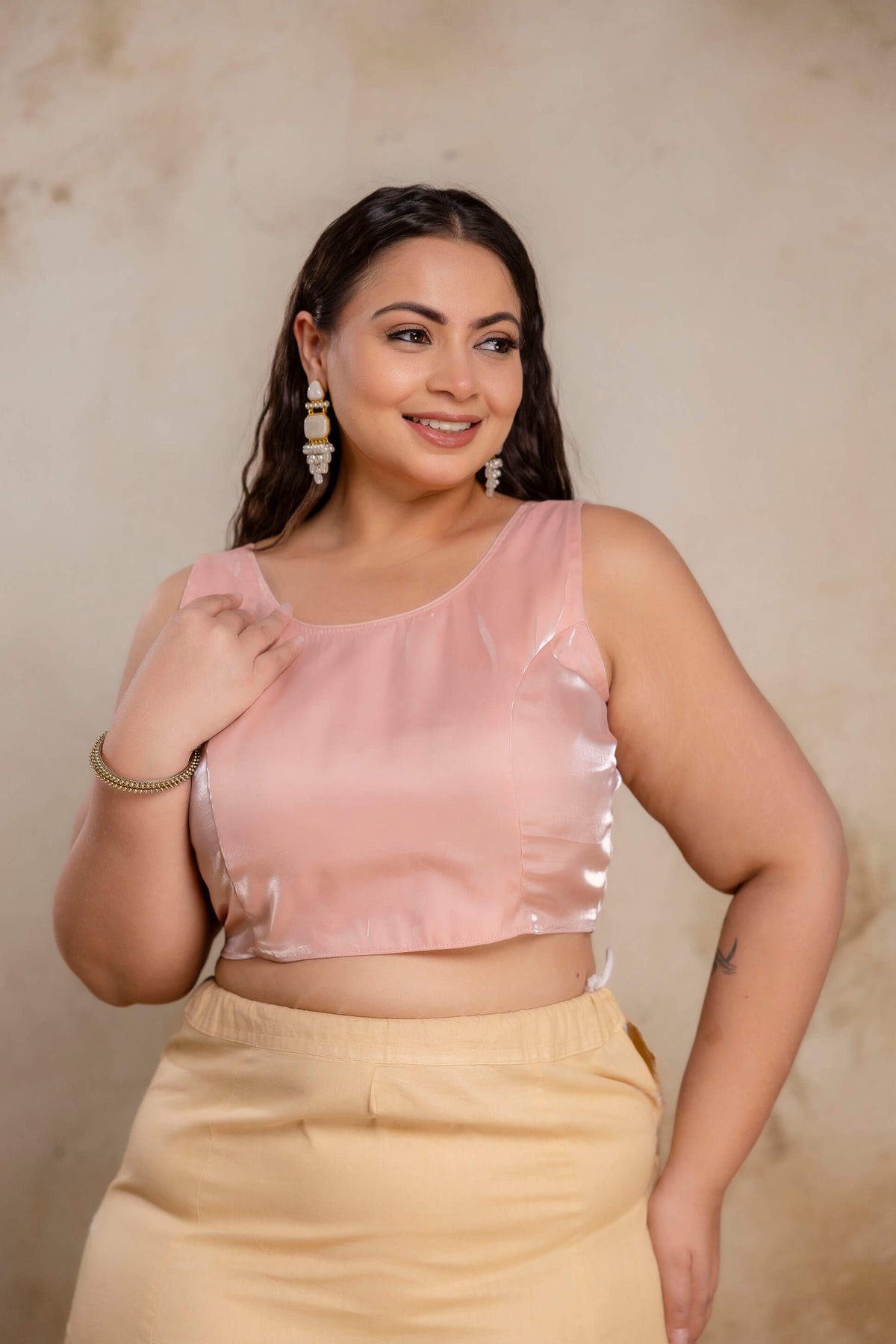 Plus size blush pink Jimmy Choo blouse worn by fat model, party wear blouse for curvy women