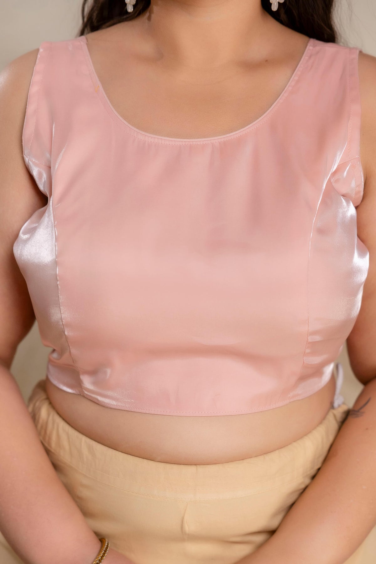 Plus size blush pink Jimmy Choo blouse neckline detail for fat women, elegant big size blouse
