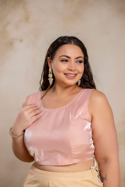 Plus size blush pink Jimmy Choo blouse side view on fat women, flattering fit blouse for curvy full figure