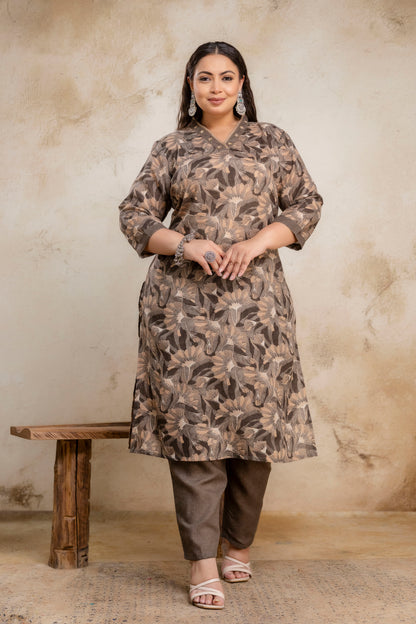 Plus size brown floral kurti pant dupatta set for curvy women, big size ethnic clothing