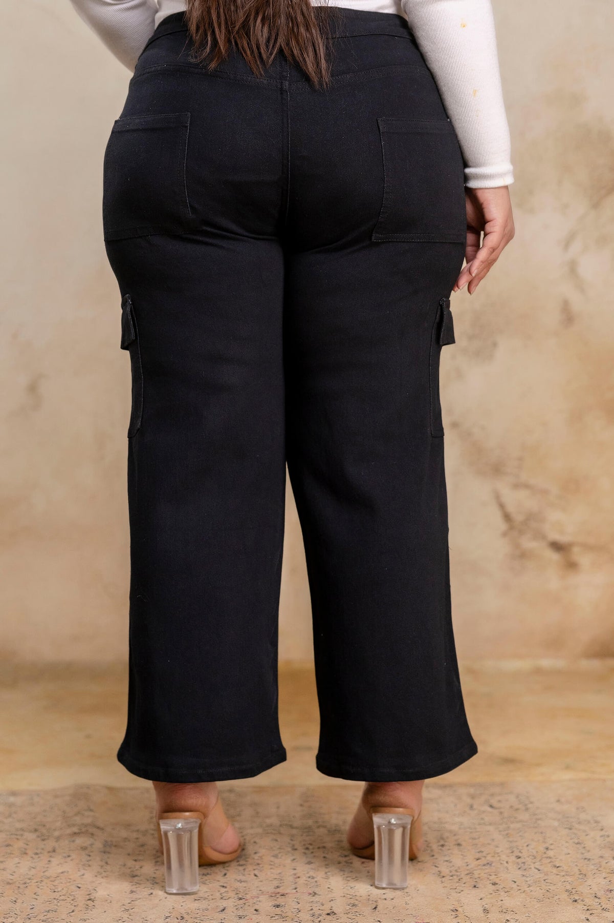 Plus size buttoned black denim pants back view for fat women, wide leg big size clothing