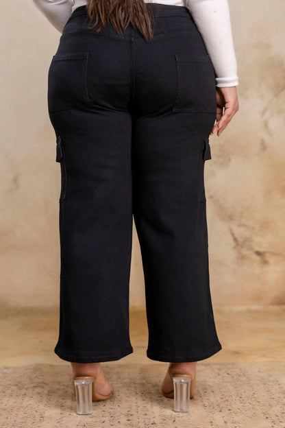 Plus size buttoned black denim pants back view for fat women, wide leg big size clothing